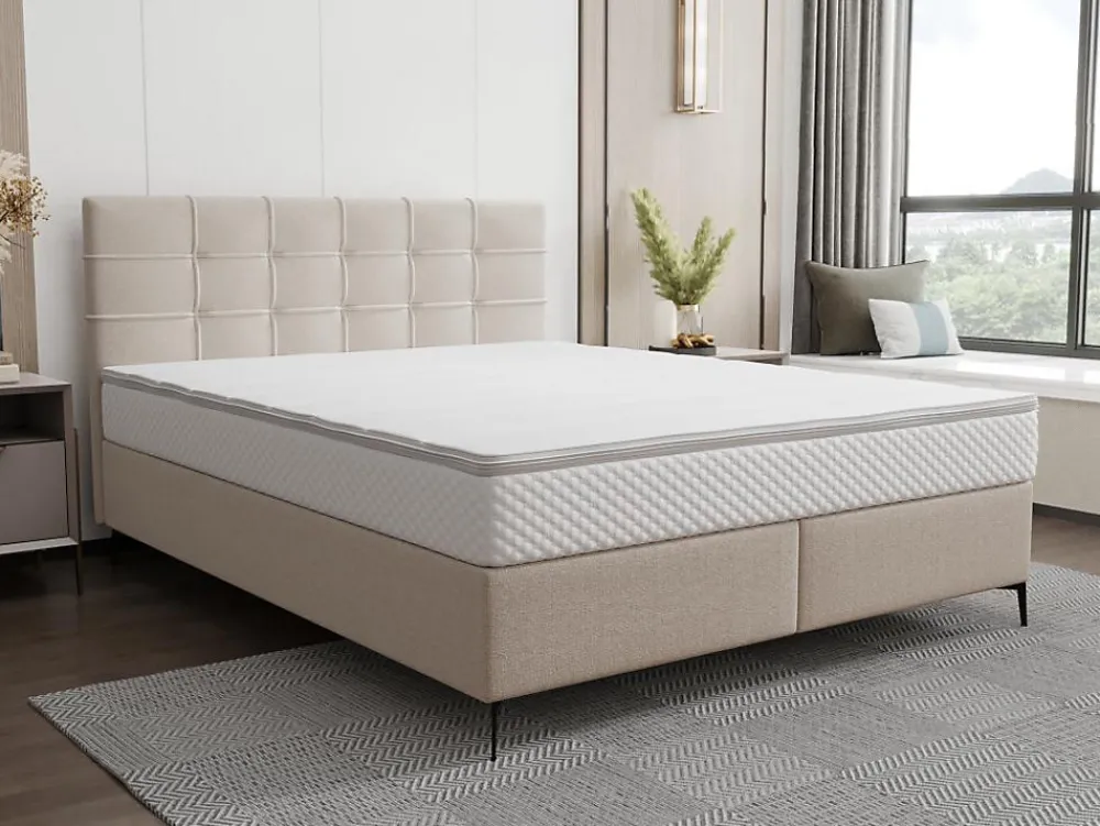 Ensemble complet boxspring tête de lit capitonnée + sommier + matelas + surmatelas - 180 x 200 cm - Tissu - Beige - INAO de YSMÉE>Vente-unique New