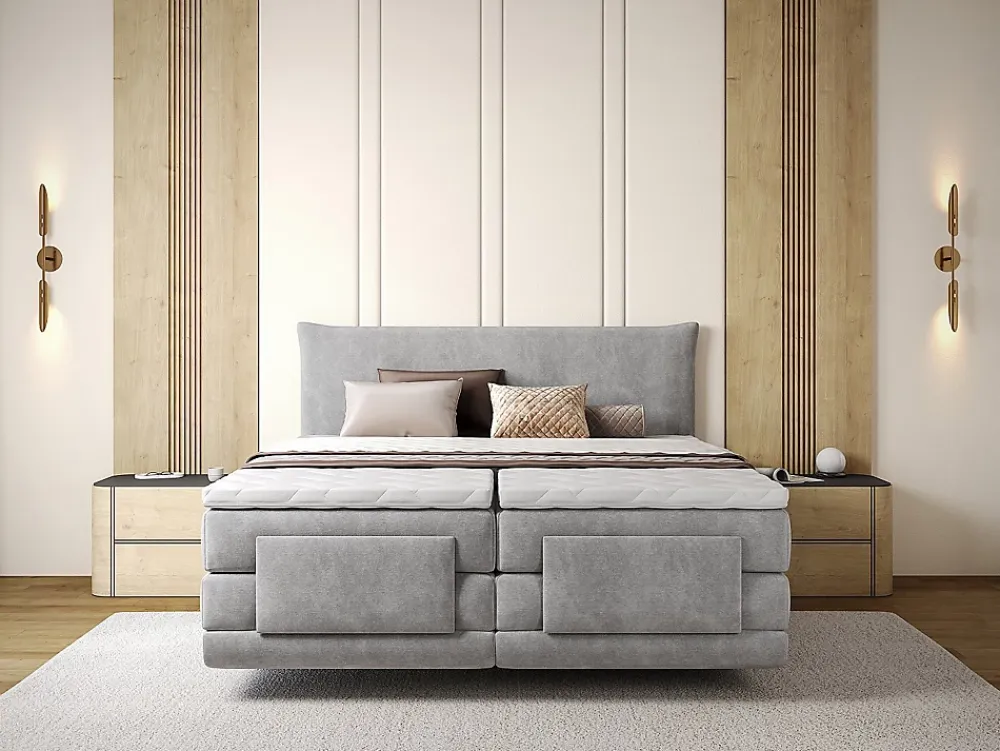 Vente-unique Ensemble complet boxspring tête de lit + sommiers relaxation électrique + matelas + surmatelas - 2 x 90 x 200 cm - Tissu - Gris* Lit Double