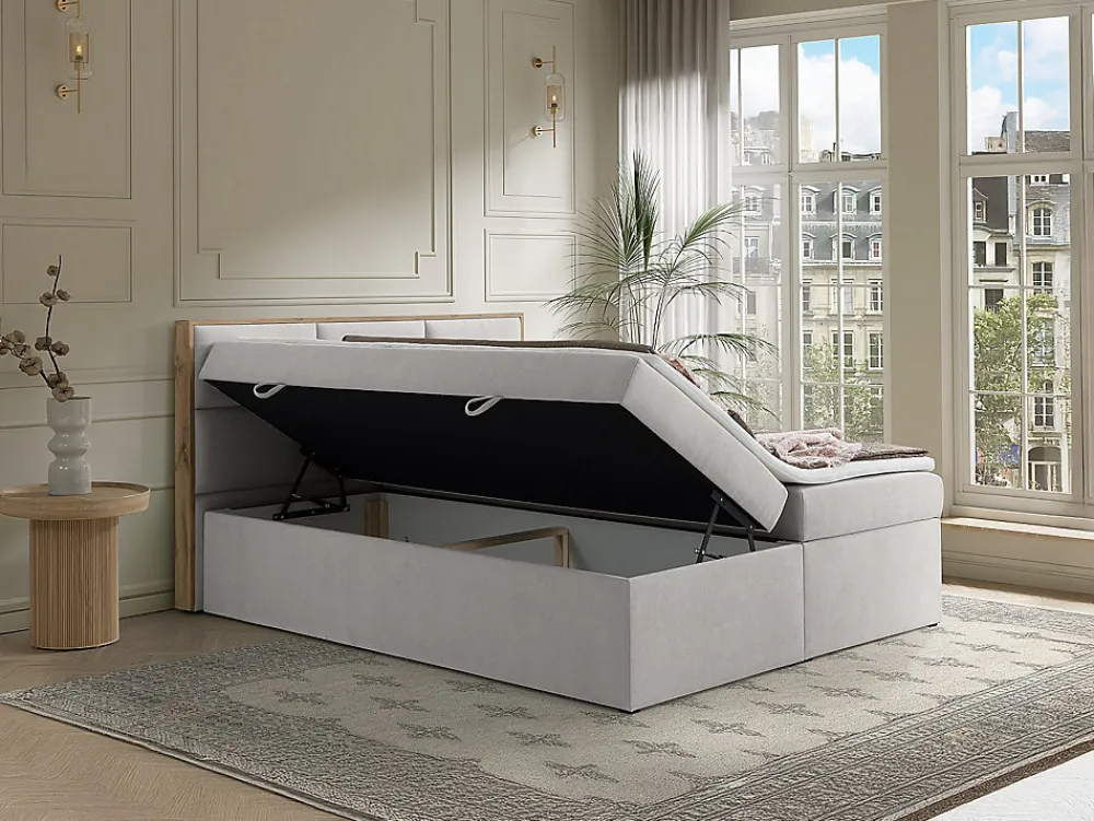 Ensemble complet literie déco tête de lit encadré bois + sommiers coffre + matelas + surmatelas - 160 x 200 cm - Tissu - Gris>Vente-unique Best