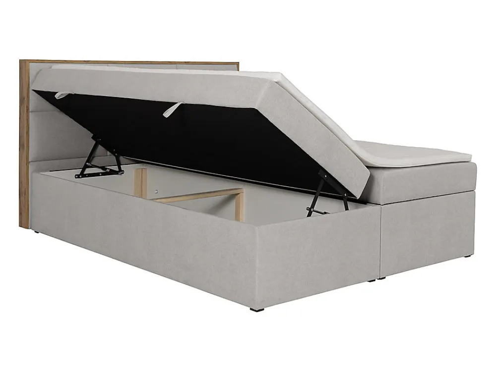 Ensemble complet literie déco tête de lit encadré bois + sommiers coffre + matelas + surmatelas - 160 x 200 cm - Tissu - Gris>Vente-unique Best