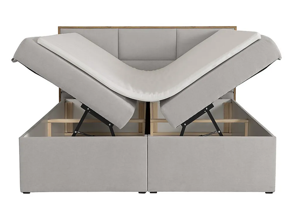 Ensemble complet literie déco tête de lit encadré bois + sommiers coffre + matelas + surmatelas - 160 x 200 cm - Tissu - Gris>Vente-unique Best