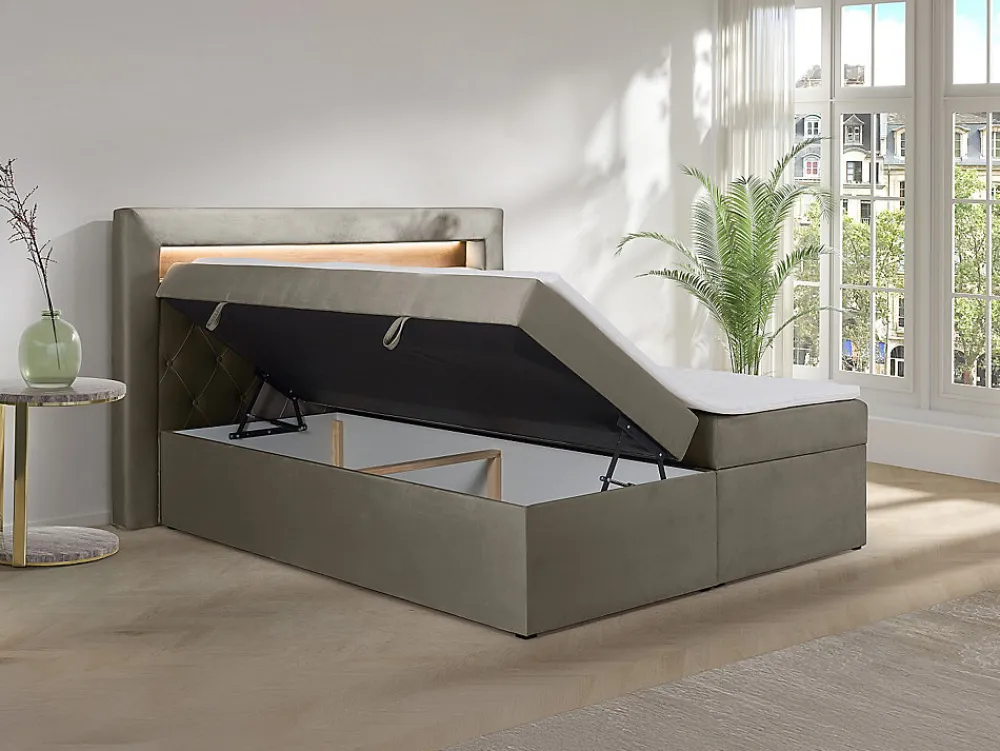 Ensemble complet literie déco tête de lit avec led + sommiers coffre + matelas + surmatelas - 180 x 200 cm - Velours - Taupe ->Vente-unique Hot