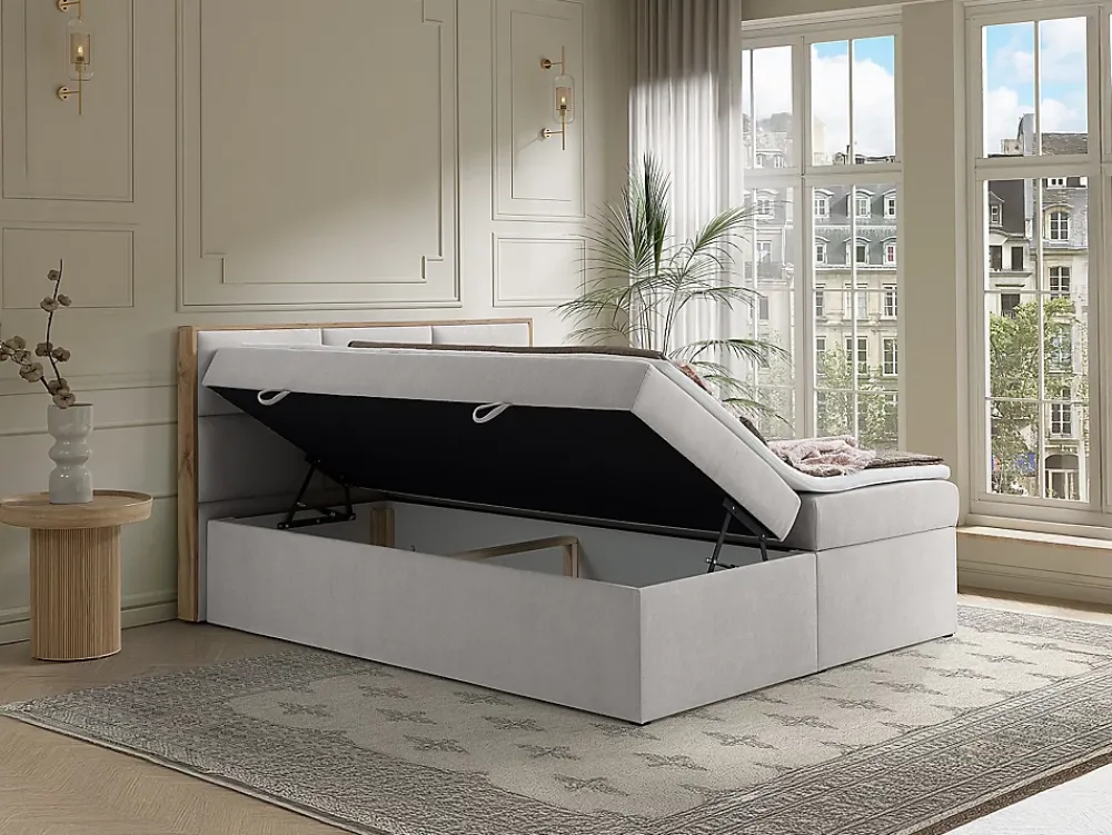 Vente-unique Ensemble complet literie déco tête de lit encadré bois + sommiers coffre + matelas + surmatelas - 180 x 200 cm - Tissu - Gris* Lit Avec Rangement
