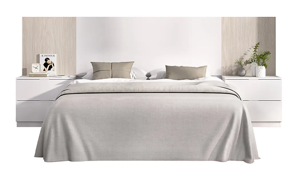 Ensemble de Tête de lit avec 2 tables de chevet de 2 tiroirs coloris imitation lamelles, blanc>Pegane Sale