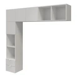 Ensemble en L colonne et caissons suspendus blancs Atomia H. 187,5 x L. 187,5 x P. 37 cm><noscript><img width=