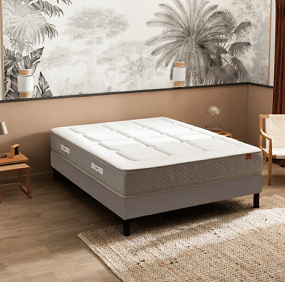 Ensemble L'ESCAPADE + Sommier Confort Medium + Pieds 200x200 Gris souris Ressorts et mousse à mémoire de forme>Epeda Outlet