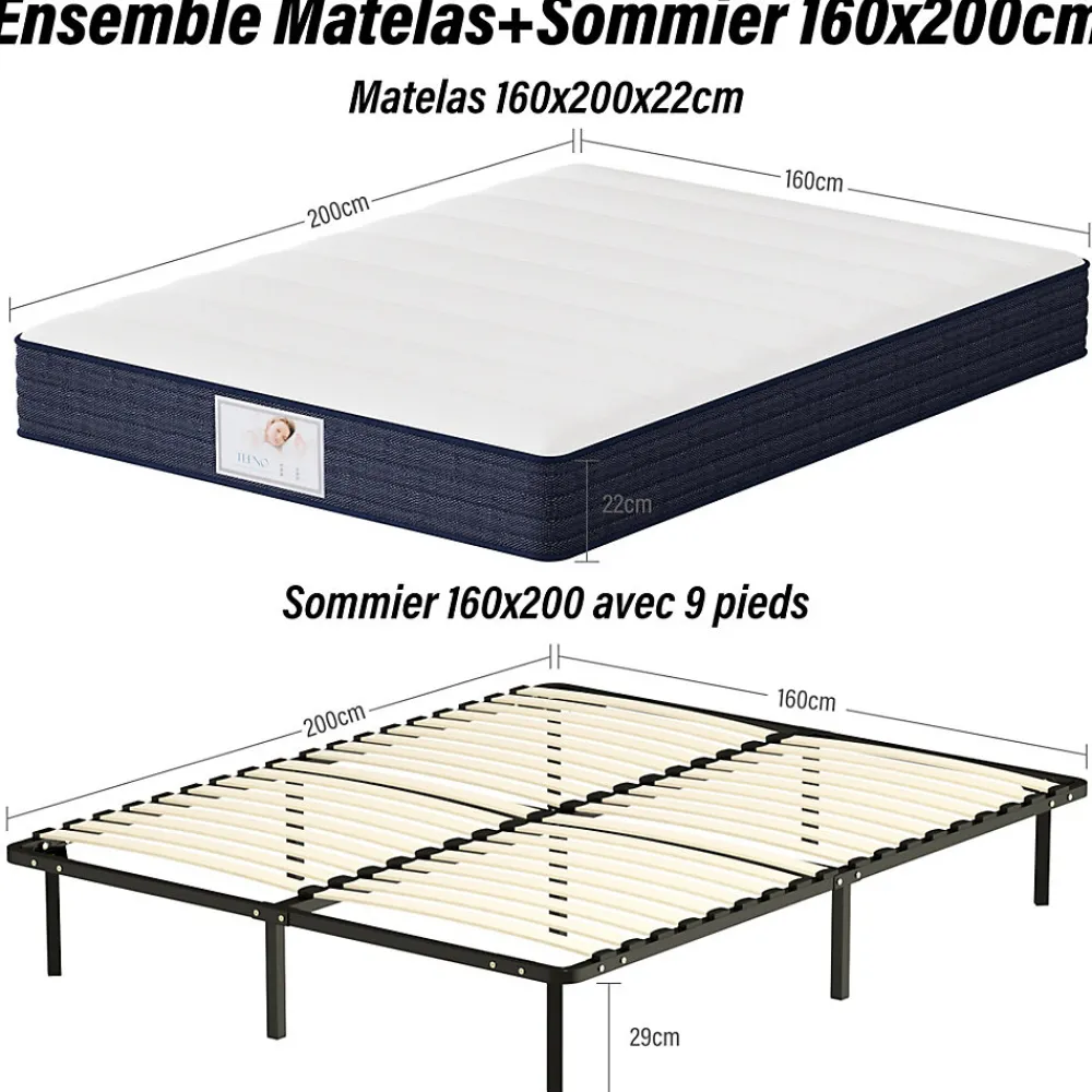 Ensemble Matelas à ressorts +Sommier à Lattes sur Pieds, 160x200cm, Epaisseur du Matelas 22cm>Teeno Online