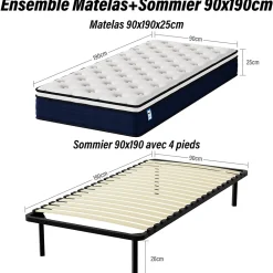 Teeno Ensemble Matelas à ressorts +Sommier à Lattes sur Pieds, 90x190cm, Epaisseur du Matelas 25cm* Ensemble Sommier Et Matelas