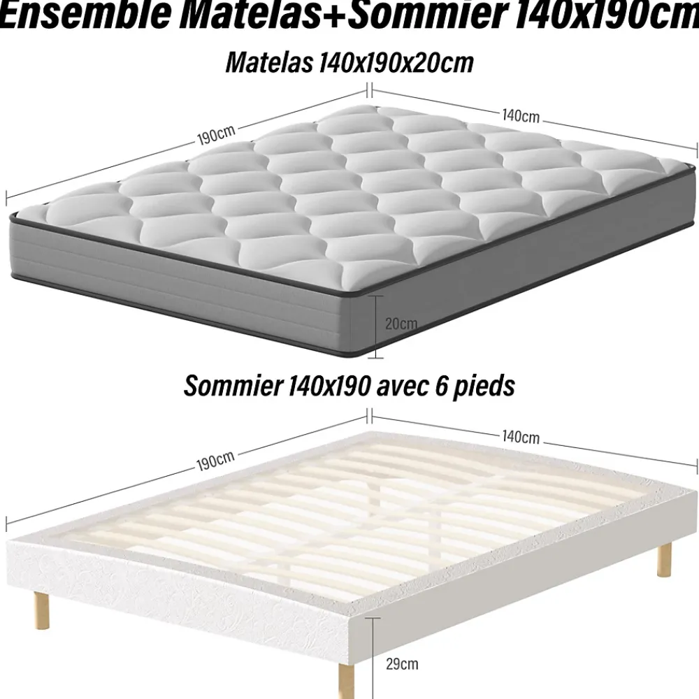 Teeno Ensemble Matelas à ressorts+ Lit Sommier Tapissier Déco 140x190cm, Epaisseur du Matelas 20cm* Ensemble Sommier Et Matelas