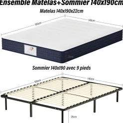 Ensemble Matelas à ressorts +Sommier à Lattes sur Pieds, 140x190cm, Epaisseur du Matelas 22cm>Teeno