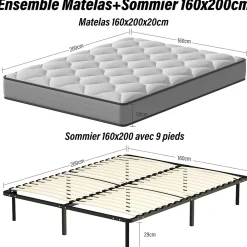 Teeno Ensemble Matelas à ressorts +Sommier à Lattes sur Pieds, 160x200cm, Epaisseur du Matelas 20cm* Ensemble Sommier Et Matelas