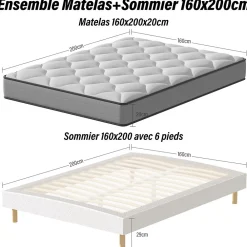 Ensemble Matelas à ressorts+ Lit Sommier Tapissier Déco 160x200cm, Epaisseur du Matelas 20cm>Teeno Clearance