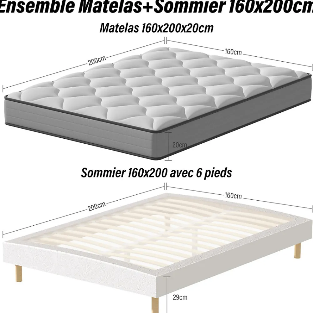 Ensemble Matelas à ressorts+ Lit Sommier Tapissier Déco 160x200cm, Epaisseur du Matelas 20cm>Teeno Clearance