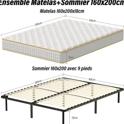 Teeno Ensemble Matelas en mousse + Sommier à Lattes 160x200cm, Epaisseur du Matelas 18 cm* Ensemble Sommier Et Matelas
