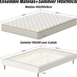 Ensemble Matelas en Mousse+ Lit Sommier Tapissier Déco 140x190cm, Epaisseur du Matelas 18cm>Teeno Best