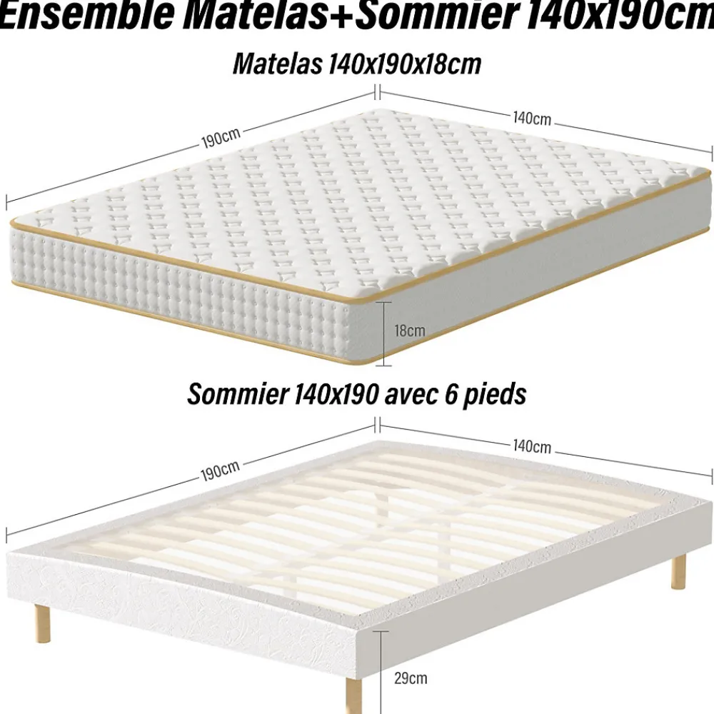 Ensemble Matelas en Mousse+ Lit Sommier Tapissier Déco 140x190cm, Epaisseur du Matelas 18cm>Teeno Best