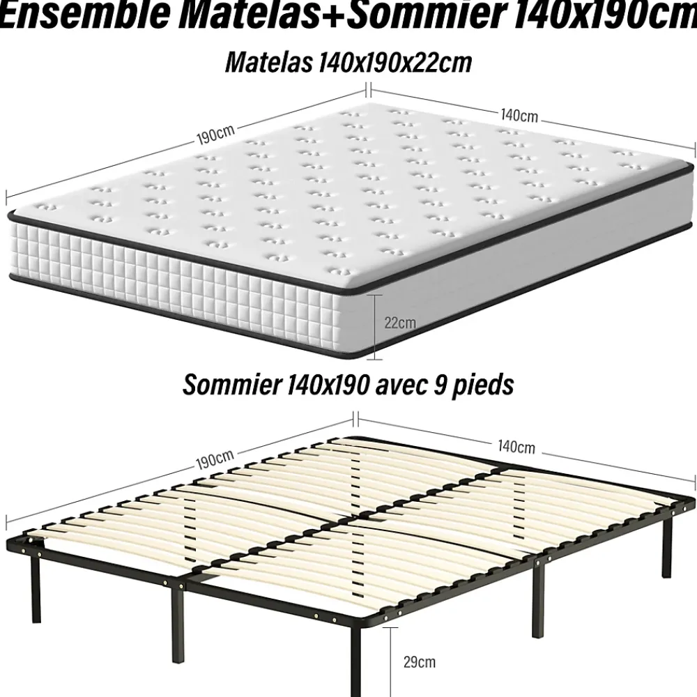 Teeno Ensemble Matelas en mousse + Sommier à Lattes 160x200cm, Epaisseur du Matelas 22cm* Ensemble Sommier Et Matelas