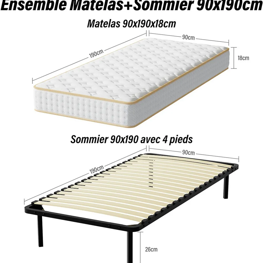 Ensemble Matelas en mousse + Sommier à Lattes 90x190cm, Epaisseur du Matelas 18 cm>Teeno New
