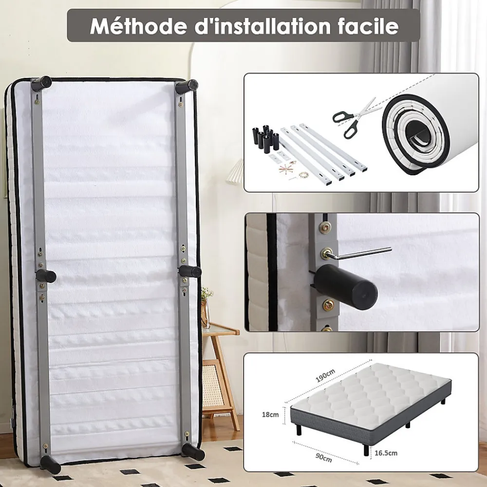 Ensemble Matelas et Sommier 90x190cm,Matelas à Ressorts ensachés et Robuste Cadre de lit en Fer avec 6 Pieds, Matelas épaisseur>Teeno Hot