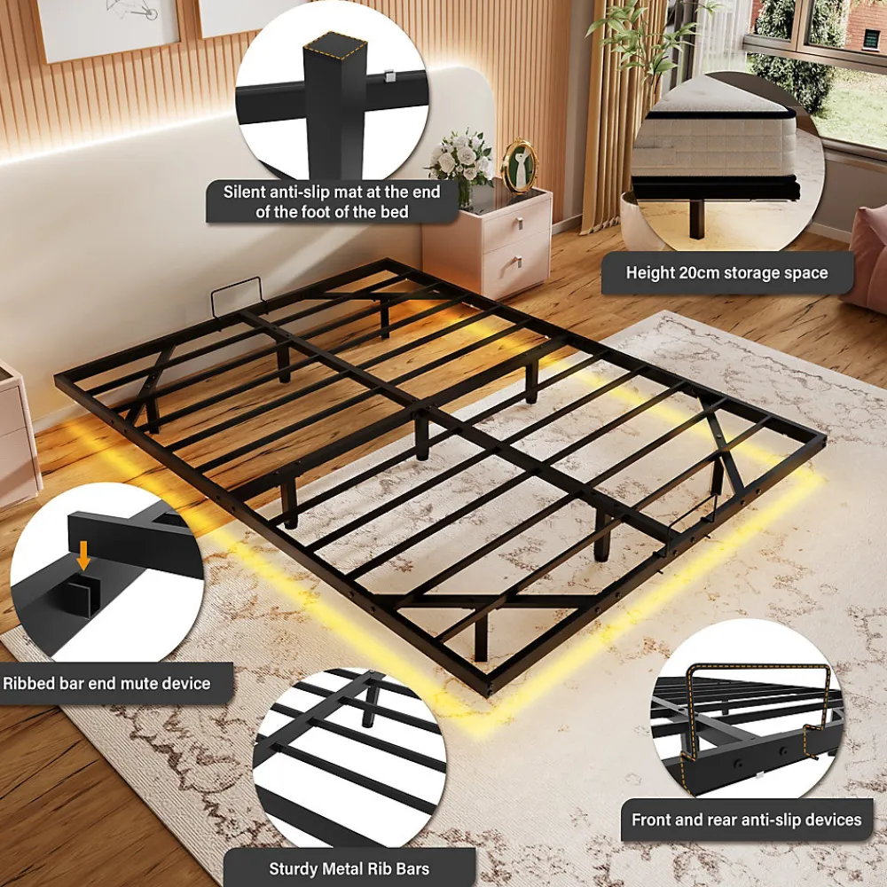 Ensemble matelas LED 160x200 cm cadre de lit en métal matelas en mousse de 22 cm d'épaisseur, cadre de lit double avec éclairage>Teeno Hot