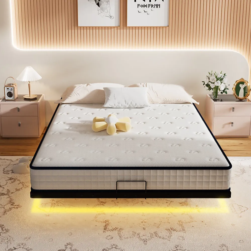 Ensemble matelas LED 160x200 cm cadre de lit en métal matelas en mousse de 22 cm d'épaisseur, cadre de lit double avec éclairage>Teeno Hot