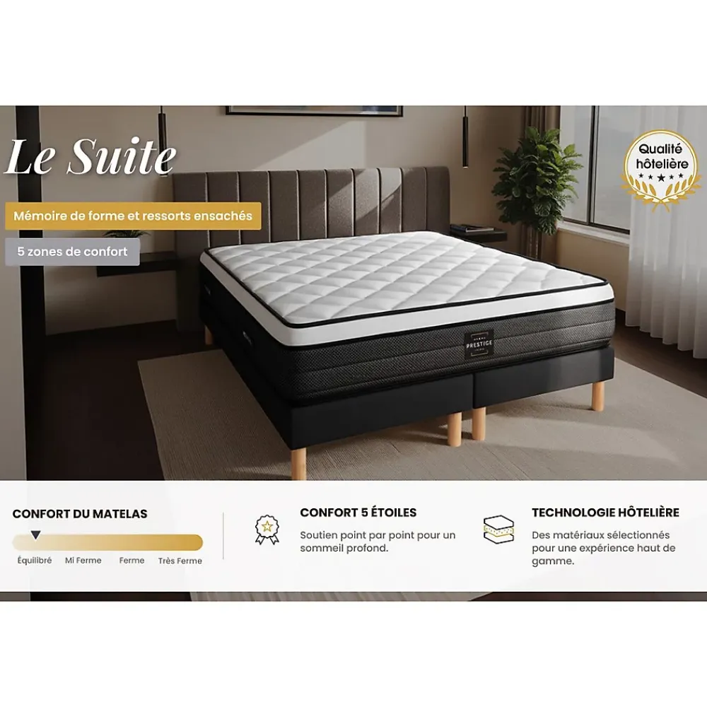 Prestige Literie Ensemble Ressorts ensachés et mémoire de forme de confort Equilibré avec sommier tapissier* Ensemble Sommier Et Matelas
