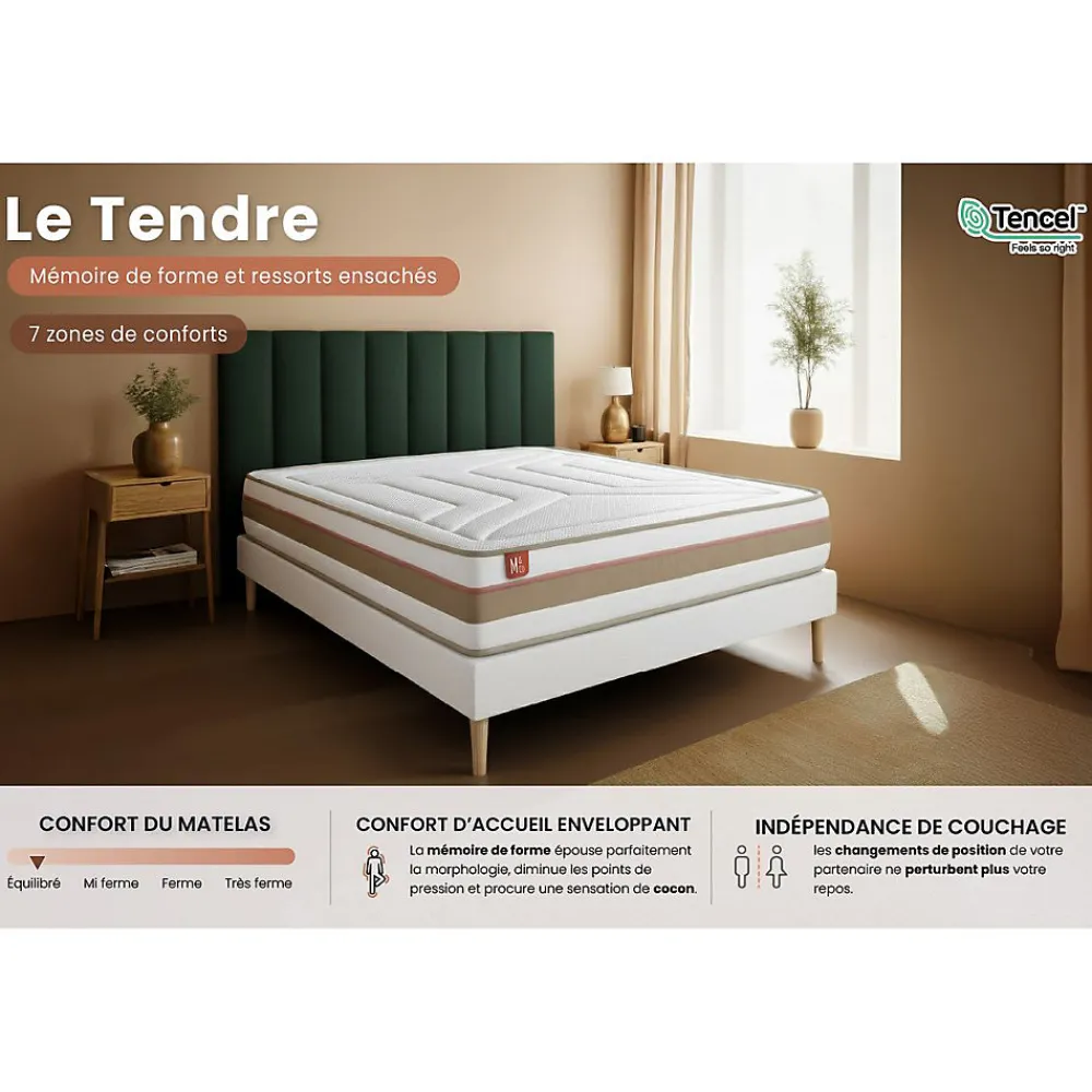Ensemble Ressorts ensachés et mémoire de forme de confort Equilibré avec sommier tapissier>Marmottes & Co Outlet