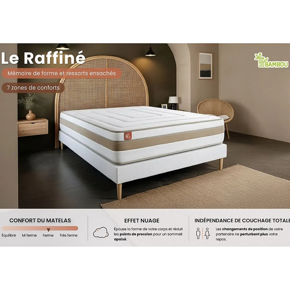 Marmottes & Co Ensemble Ressorts ensachés et mémoire de forme de confort Equilibré avec sommier tapissier* Ensemble Sommier Et Matelas