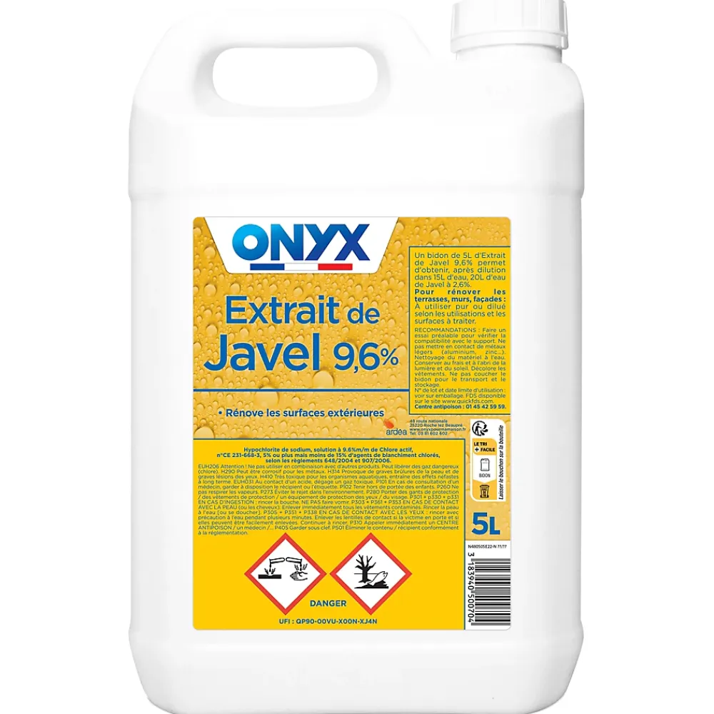 Onyx Extrait de javel 9,6% 36° murs, terrasses, façades, sanitaires 5L* Désinfectant