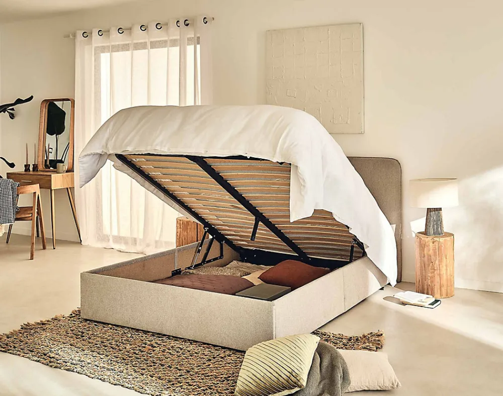 Goyave - lit coffre - 160x200 - en tissu - sommier inclus ->Best Mobilier