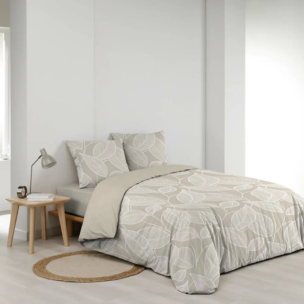 Douceur D'Intérieur Housse de couette 240 x 220 cm coton 57 fils imprimé feuillage AMANDA Naturel + 2 taies* Parure De Lit