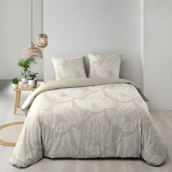 Douceur D'Intérieur Housse de couette 240 x 220 cm coton 57 fils imprimé feuillage AMANDA Naturel + 2 taies* Parure De Lit