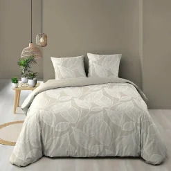 Douceur D'Intérieur Housse de couette 240 x 220 cm coton 57 fils imprimé feuillage AMANDA Naturel + 2 taies* Parure De Lit