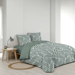 Housse de couette 240 x 220 cm imprimée 57 fils MORGANE Sauge 2 taies incluses><noscript><img width=