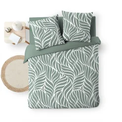 Housse de couette 240 x 220 cm imprimée 57 fils MORGANE Sauge 2 taies incluses><noscript><img width=