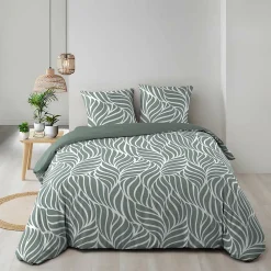 Housse de couette 240 x 220 cm imprimée 57 fils MORGANE Sauge 2 taies incluses><noscript><img width=
