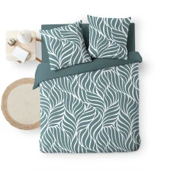 Housse de couette 240 x 220 cm imprimée 57 fils MORGANE Bleu 2 taies incluses><noscript><img width=