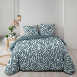 Housse de couette 240 x 220 cm imprimée 57 fils MORGANE Bleu 2 taies incluses><noscript><img width=