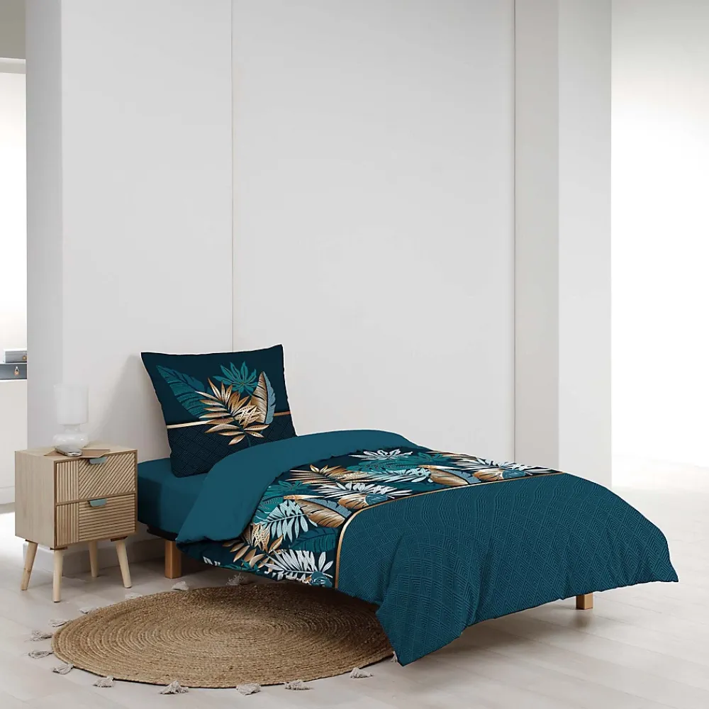 Douceur D'Intérieur Housse de couette 140 x 200 cm en coton Alianor Bleu Imprimé tropical chic* Parure De Lit