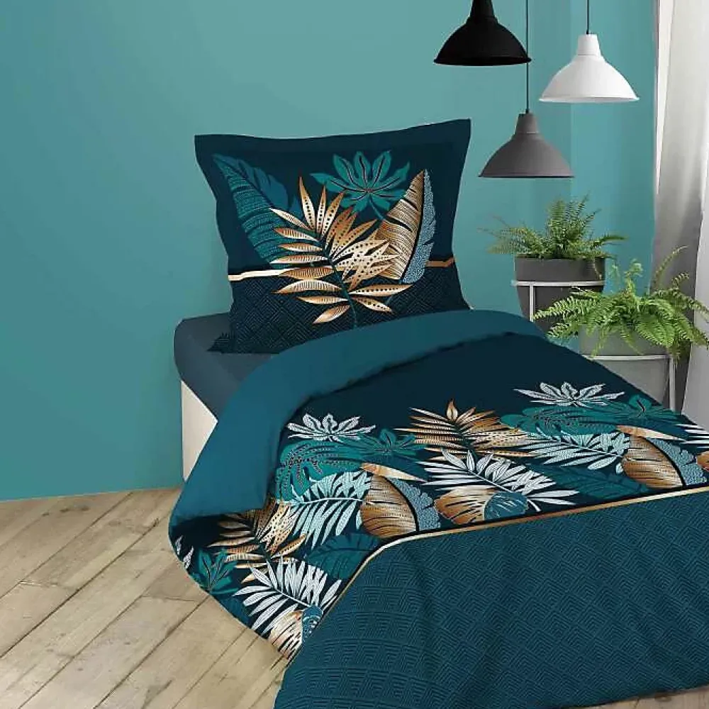 Douceur D'Intérieur Housse de couette 140 x 200 cm en coton Alianor Bleu Imprimé tropical chic* Parure De Lit