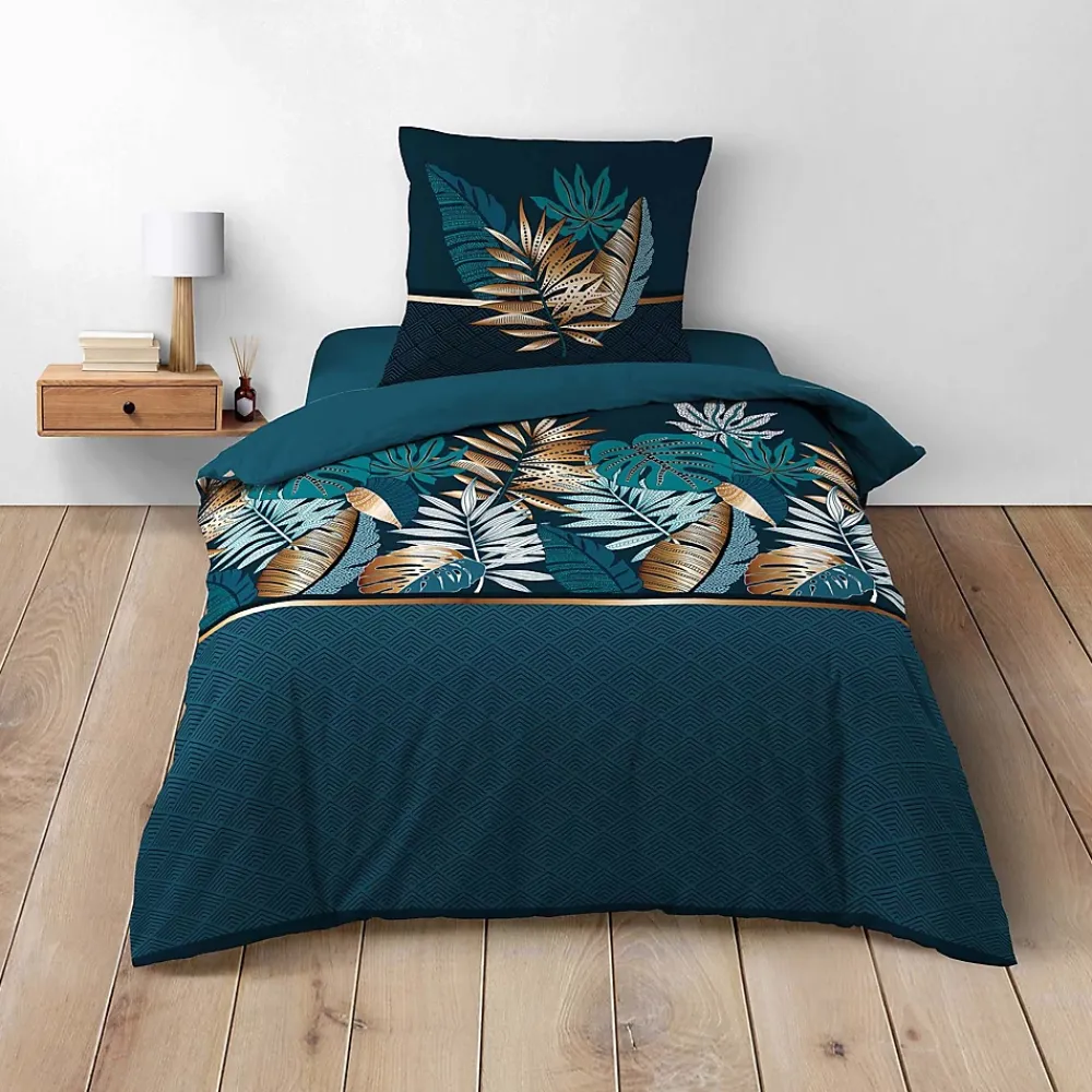 Douceur D'Intérieur Housse de couette 140 x 200 cm en coton Alianor Bleu Imprimé tropical chic* Parure De Lit