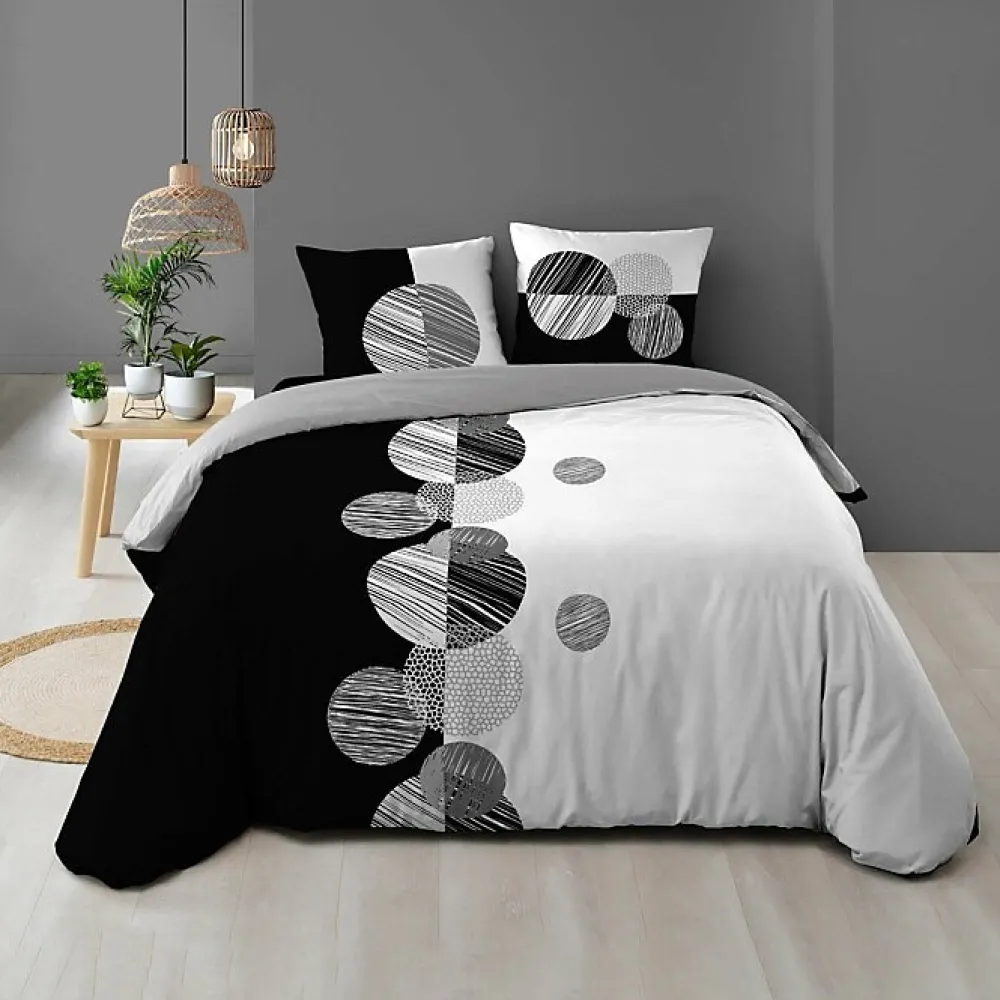 Douceur D'Intérieur Housse de Couette 240 x 220 cm + 2 Taies 100 % Coton 57 Fils Stormi Noir & Blanc* Parure De Lit