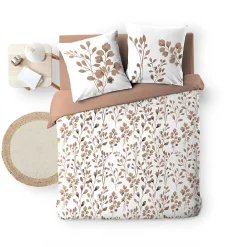 Housse de couette 240 x 220 cm coton 57 fils MAIWEN Mocha + 2 taies Motif végétal><noscript><img width=