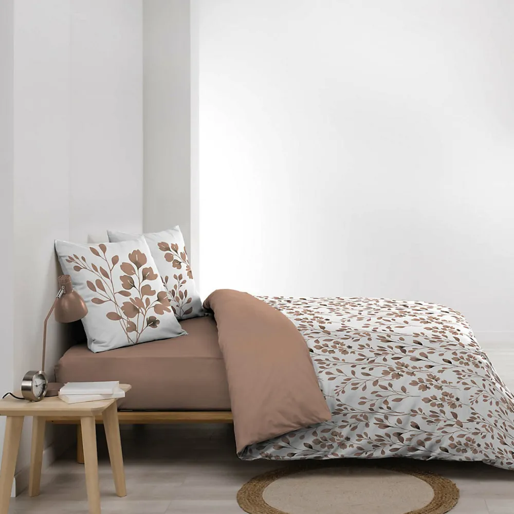 Housse de couette 240 x 220 cm coton 57 fils MAIWEN Mocha + 2 taies Motif végétal>Douceur D'Intérieur New