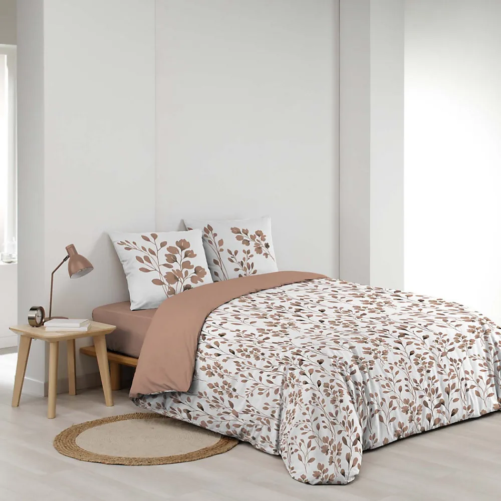 Housse de couette 240 x 220 cm coton 57 fils MAIWEN Mocha + 2 taies Motif végétal>Douceur D'Intérieur New