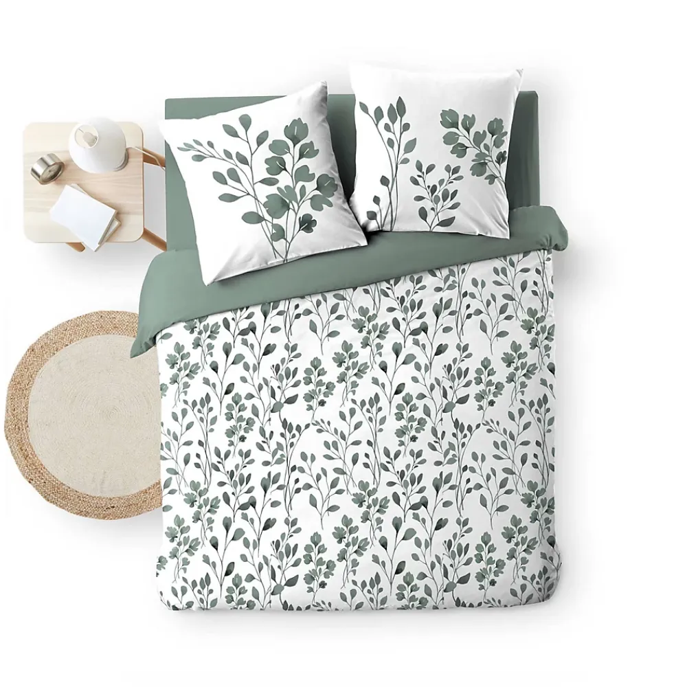 Douceur D'Intérieur Housse de couette 240 x 220 coton naturel 57 fils MAIWEN Sauge + 2 taies* Parure De Lit