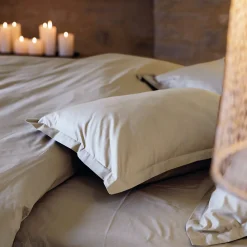 Housse de couette uni 140x200 cm percale de coton MANOIR beige Lin><noscript><img width=