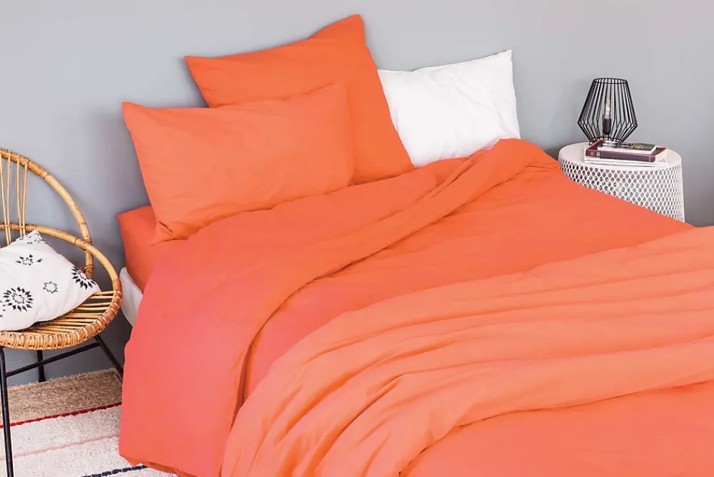 Toison d'Or Housse de couette unie en coton Lavé (200x200 cm - Orange corail)* Housse De Couette