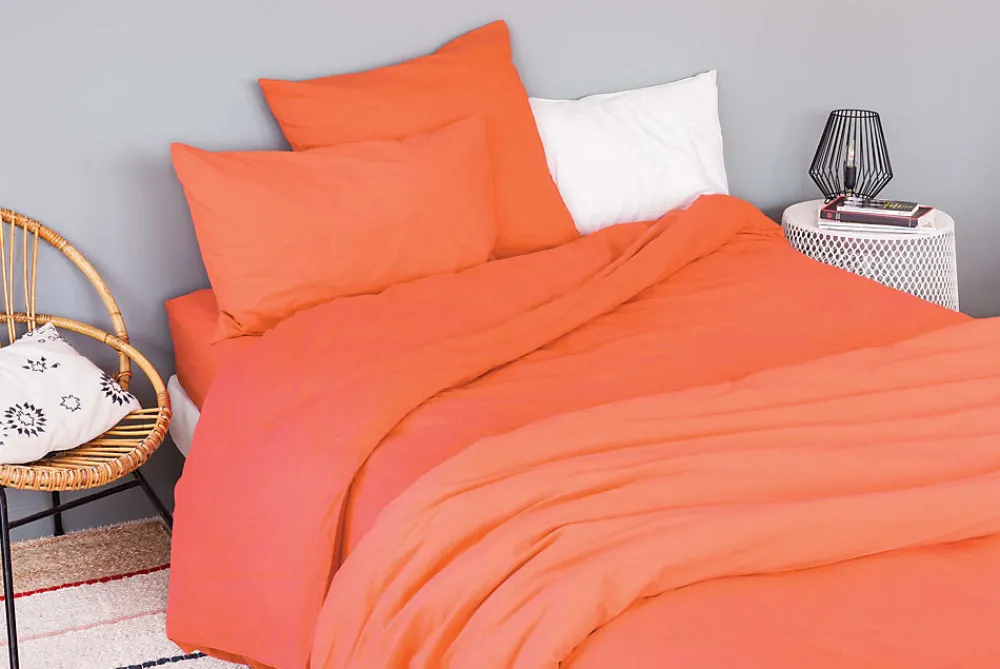Housse de couette unie en coton Lavé (140x200 cm - Orange corail)>Toison d'Or Online