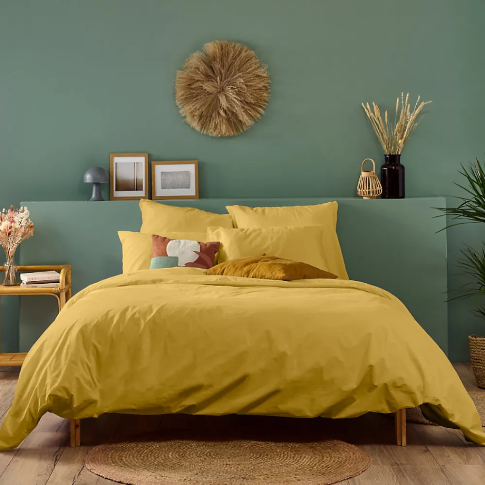 Housse de couette unie 140x200cm PERCALE MOUTARDE>Bleu Calin Best
